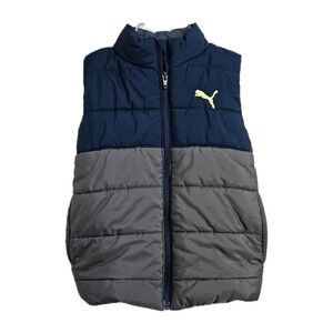 Puma Puffer Vest Kid XS 5-6 Blue Grey Colorblock Zip Up Sleeveless Jacket Sporty